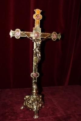 Altar - Cross en Brass / Bronze / Stones Polished and Varnished, France 19th century ( anno 1875 )