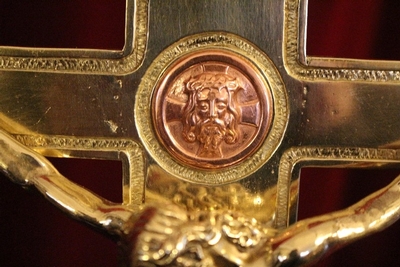 Altar - Cross en Brass / Bronze / Stones Polished and Varnished, France 19th century ( anno 1875 )