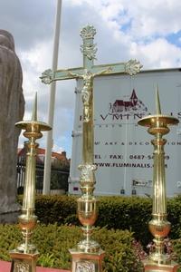 Altar Set Height Cross 71 Cm. en Brass / Bronze, Belgium 19th century