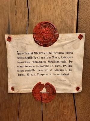 Altar Stone With Relics & Original Documentation Sealed en Oak Wood / Marble, Bratislava Slowakia anno 1907