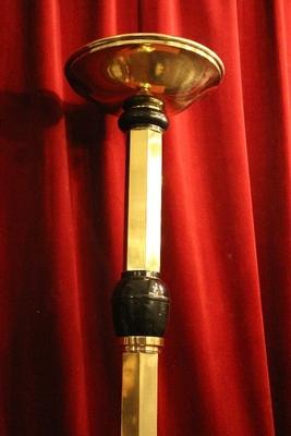 Pascal Candlestick style ART - DECO en Brass / Bronze / Ebony wood / New Polished and Varnished, Belgium 20th century (Anno 1930)