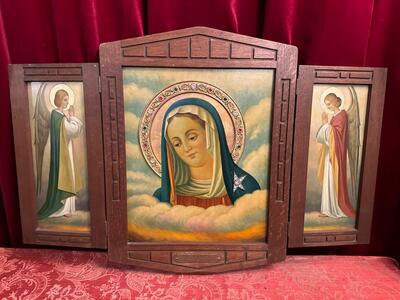 Triptych St. Mary. Hand - Painted Imaginations  style art - deco en Oak wood / Hand - Painted Imaginations on Panel, Belgium  20 th century ( Anno 1930 )