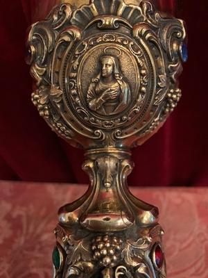 Chalice Weight 860 Gr. style Baroque en  full silver / Stones / FULL SILVER IMAGES ON NODUS: ST. NORBERTUS / ST. ELIGIUS / B. FREDERICUS OF HALLUM , 19th century