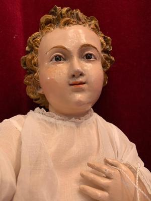 Child Jesus style Baroque en hand-carved wood / Glass Eyes / Dressed, Belgium 19th century ( anno 1850 )