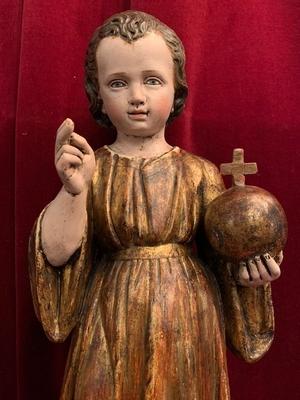 Child Jesus Statue style Baroque en hand-carved wood polychrome, Belgium 18 th century