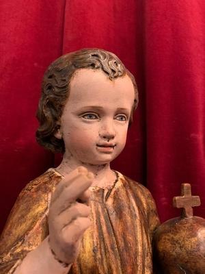 Child Jesus Statue style Baroque en hand-carved wood polychrome, Belgium 18 th century