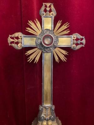 Exceptional Cross - Reliquary With Relic Of The True Cross.  style Baroque en Fully Hand - Carved Wood Polychrome Theca & Ornaments Full Silver 3 Silver Marks. Stones  Originaly Sealed, Aalbeke Belgium 18th century  ( 1775 )