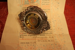 Osculatorium With Relic Ex Sepulcro B.M.V. With Original Document style Baroque en silver / stones, Belgium anno 1900 ( 1860)