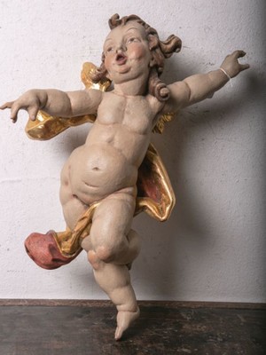 Putto style Baroque en hand-carved wood polychrome, Southern Germany 20th Century