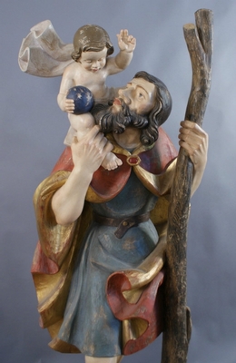 St. Christoph Statue  style Baroque en hand-carved wood polychrome, Southern Germany 20th century