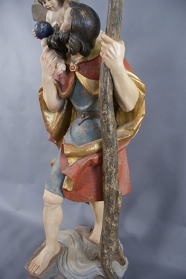 St. Christoph Statue  style Baroque en hand-carved wood polychrome, Southern Germany 20th century