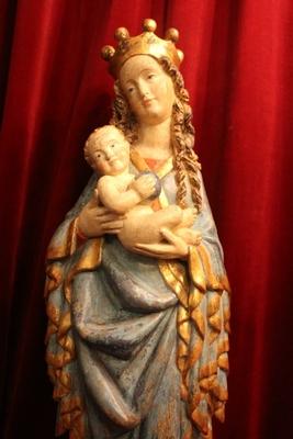 St. Mary Statue With Child style Baroque en hand-carved wood polychrome, Southern Germany 20th century