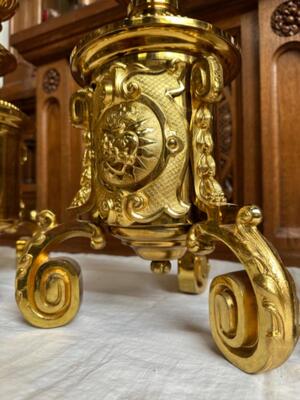 Altar -Set 6 Matching Large Candle Sticks Height Without Pin: 100 Cm ! style Baroque - Style en Brass / Bronze / High Quality Fire - Gilt, Belgium  18 th century ( Anno 1780 )