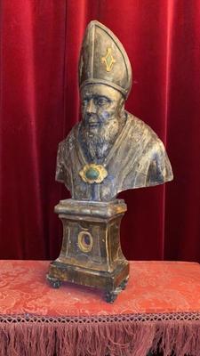 Exceptional Reliquary - Bust / Relic Ex Ossibus St. Nicholas Of Bari  style BAROQUE-STYLE en Hand - Carved Wood Polychrome / Originally Sealed, Italy  17 th century ( Anno 1675 )