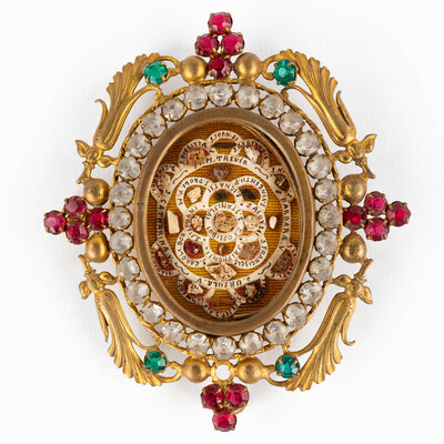 Multi Reliquary Relics : St. Franciscus, St. Ursula, St. Alphonsus, St. Stanislav Kostka, St. Catharina S. Etc. style Baroque - Style en Brass / Floral Gilt Frame / Stones / Glass, Belgium  19th century ( anno 1845 )