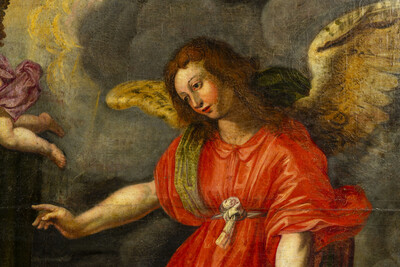 Painting Annunciation  style Baroque - Style en Painted on Linen, Flemish School  17 th century ( Anno 1690 )