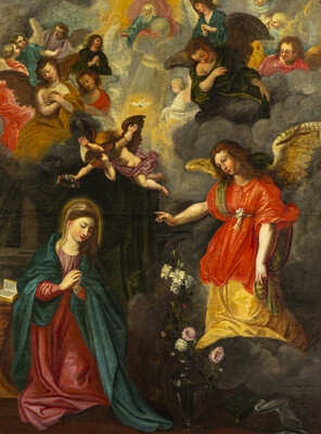 Painting Annunciation  style Baroque - Style en Painted on Linen, Flemish School  17 th century ( Anno 1690 )