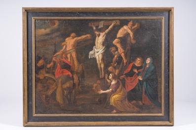 Painting Golgotha - Scene  style Baroque - Style en Painted on Linen / Wooden Frame, Flemish Belgium 18 th century