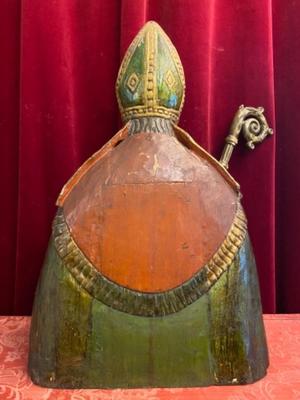 Reliquary - Relic Bust St. Macharius style Baroque - Style en Hand - Carved Wood Polychrome / Glass, Belgium 17 th century ( Anno 1675 )