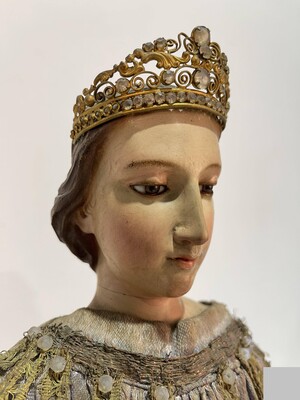 Reliquary - Relic Ex Ossibus St. Catherine style Baroque - Style en Wood /  Glass Eyes / Fabrics / Brass / Stones , Spain 19 th century ( Anno 1835 )