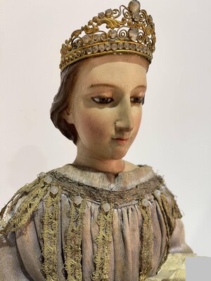 Reliquary - Relic Ex Ossibus St. Catherine style Baroque - Style en Wood /  Glass Eyes / Fabrics / Brass / Stones , Spain 19 th century ( Anno 1835 )