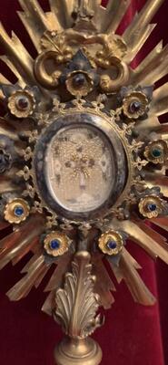 Reliquary - Relic Relics: Ex True Cross / S. Crucis. Ex Purpura Dnjc. Ex Fune Dnjc. Ex Panicolo Dnjc style Baroque - Style en Brass / Glass / Stones, Southern Germany 18 th century ( Anno 1745 )