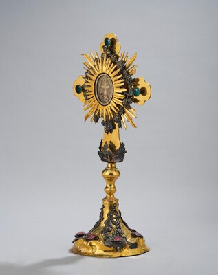 Reliquary - Relic True Cross. style Baroque - Style en Brass / Glass / Originally Sealed, Austria 19 th century