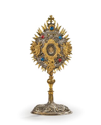 Reliquary - Relic True Cross.. style Baroque - Style en Brass / Glass / Originally Sealed, Austria 19 th century