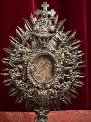 Reliquary - Relic True Cross & More style Baroque - Style en Brass - Silver Plated / Glass / Originally Sealed, Austria 18 th century