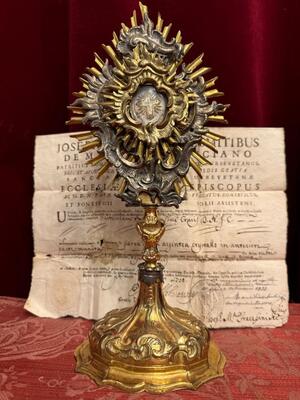 Reliquary - Relic True Cross With Original Document style Baroque - Style en Brass / Glass / Theca Silver / Originally Sealed, Italy 18 th century ( Anno 1750 )