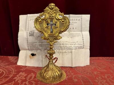 Reliquary - Relic True Cross With Original Document style Baroque - Style en Brass / Gilt / Rock - Chrystal / Filigree - Silver Frame  / Originally Sealed , Austria 18 th century ( Anno 1790 )