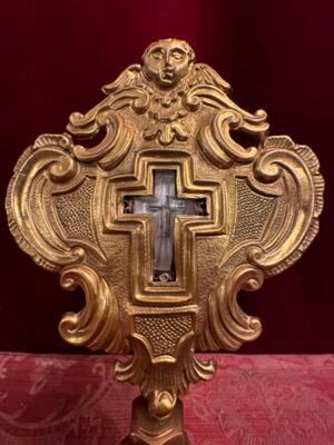 Reliquary - Relic True Cross With Original Document style Baroque - Style en Brass / Gilt / Rock - Chrystal / Filigree - Silver Frame  / Originally Sealed , Austria 18 th century ( Anno 1790 )