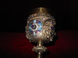 Chalice en silver ENAMELLED , FLORAL DECORATION , AMETHYST CABOCHONS , PEARLS, France 19th century (1875)