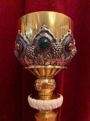 Chalice en Silver, partly gilt,red and green gemstone cabochons, nodule with ivory, Hungary 19 th century