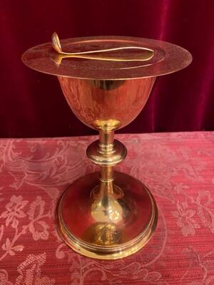 Chalice With Original Paten & Spoon. en Brass Gilt / Silver Cuppa, Belgium  19 th century