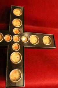 Cross-Reliquary Ostensorium  Containing 28 Originally Sealed Relics. en wood polychrome, Belgium 19th century ( anno 1855 )