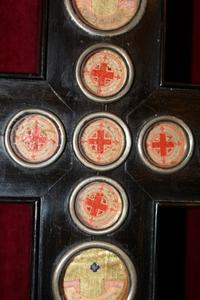 Cross-Reliquary Ostensorium  Containing 28 Originally Sealed Relics. en wood polychrome, Belgium 19th century ( anno 1855 )