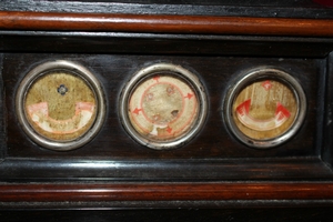 Cross-Reliquary Ostensorium  Containing 28 Originally Sealed Relics. en wood polychrome, Belgium 19th century ( anno 1855 )