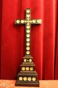 Cross-Reliquary Ostensorium  Containing 28 Originally Sealed Relics. en wood polychrome, Belgium 19th century ( anno 1855 )