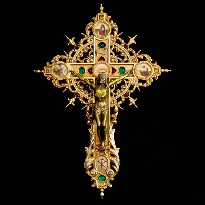 Exclusive, Antique And Extraordinary Representation Of Conventual Art, Byzantine Style Of Religious Goldsmithing. Weight 2.5 Kgs ! en Bronze Gilt Stones Enamel, France 19th century