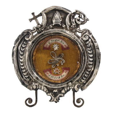 First Class Reliquary - Ex Ossibus Relic St. Franciscus & St. Clara en Silver / Glass / Originally Sealed, Italy  19 th century ( Anno 1835 )