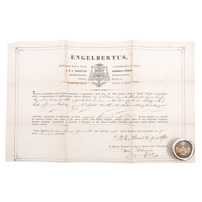 First Class Reliquary - Relic Ex Ossibus St. Hubertus With Original Document en Brass / Glass / Wax Seal, Belgium  19 th century
