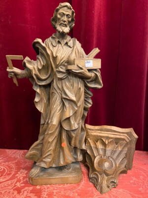 Fully Hand-Carved Sculpture St. Joseph As A Carpenter. Complete With Wall-Console.  en Wood, Oberammergau – Austria very good