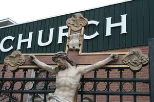 Corpus With Cross style gothic en Terra - Cotta / Wood Evangelists made of metal, Belgium 19 th century