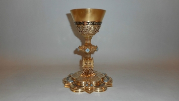 1 Gothic Exceptional And High Quality Full Silver / Gilt Gothic-Style Chalice / Enamel Medallions And Applications / Engravings / Silver Imaginations / Various Precious Stones