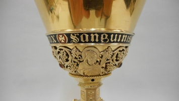 1 Gothic Exceptional And High Quality Full Silver / Gilt Gothic-Style Chalice / Enamel Medallions And Applications / Engravings / Silver Imaginations / Various Precious Stones