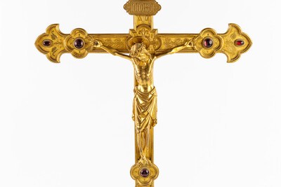 Altar - Cross style Gothic - Style en Bronze Gilt / Stones, Belgium  19 th century