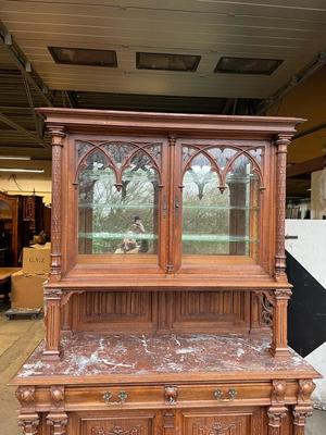 Cabinet  style Gothic - Style en Oak Wood / Marble / Glass, France 19 th century