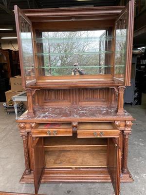 Cabinet  style Gothic - Style en Oak Wood / Marble / Glass, France 19 th century