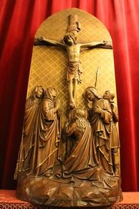 Calvary Scene.  style Gothic - style en fully hand-carved wood Oak. , Belgium. Atelier Bressers - Blanchaert. 19th century